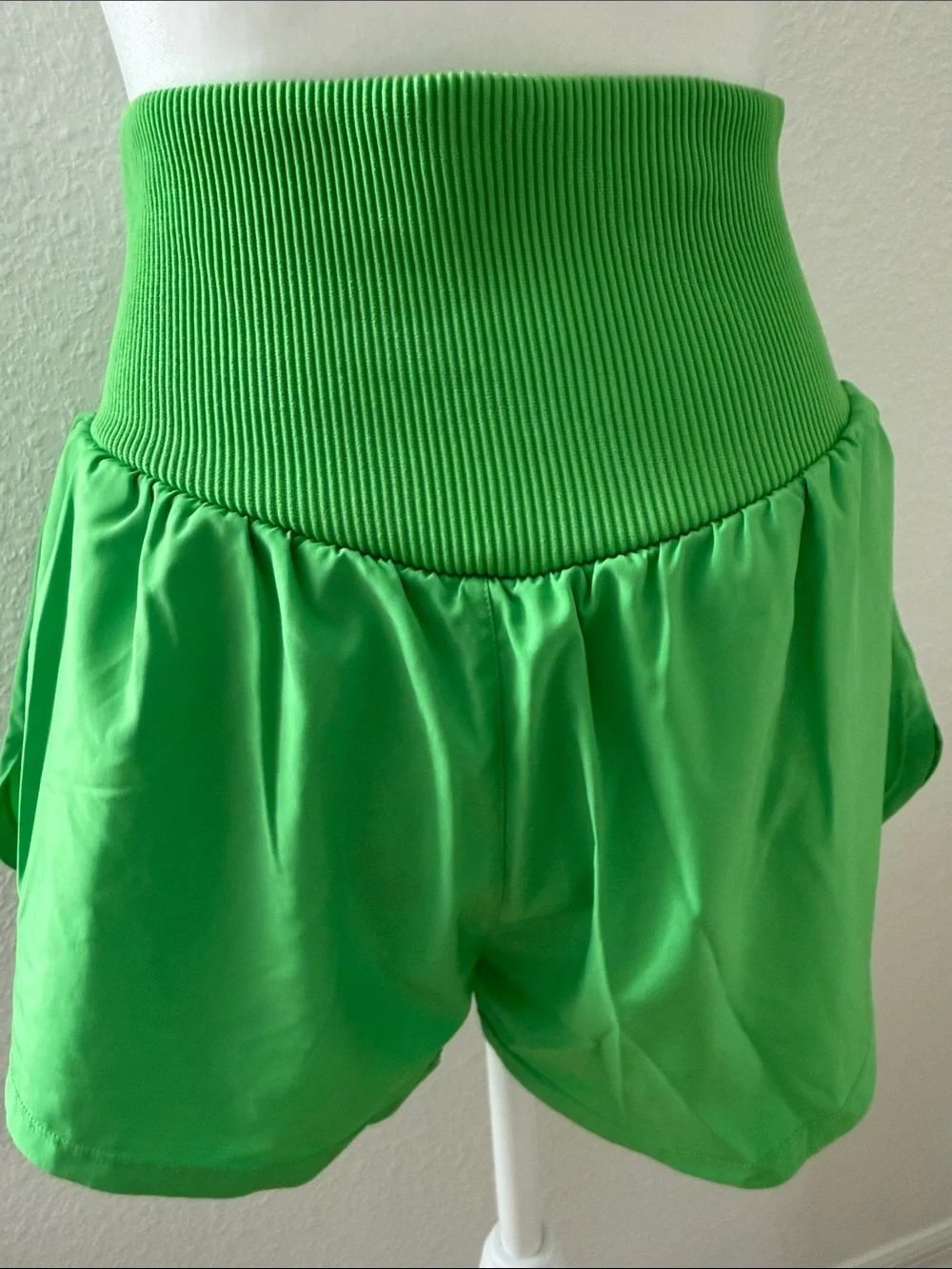 Source Unknown Bright Green High-Waist Ribbed Waistband Shorts
